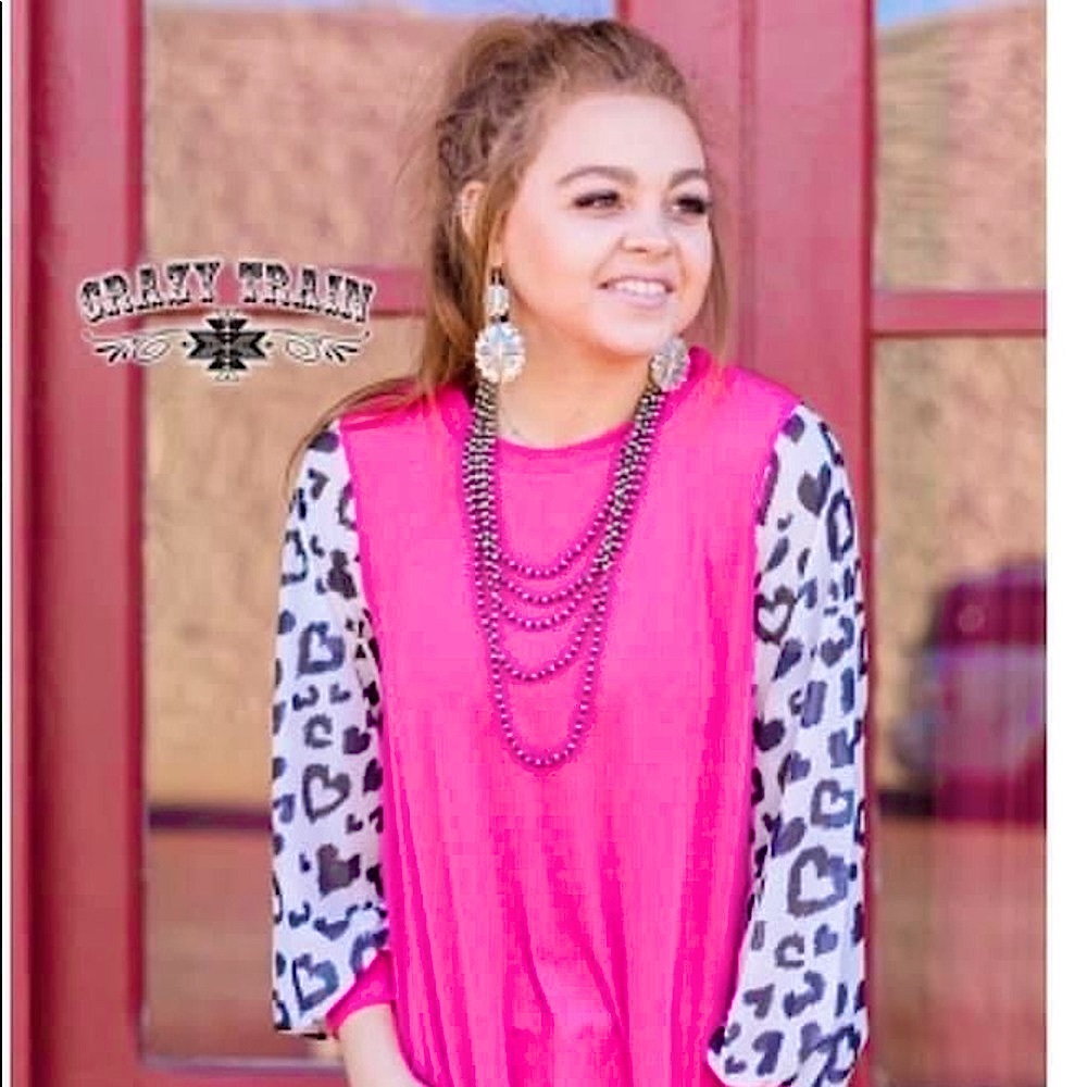 Crazy Train hot pink top with leopard arms